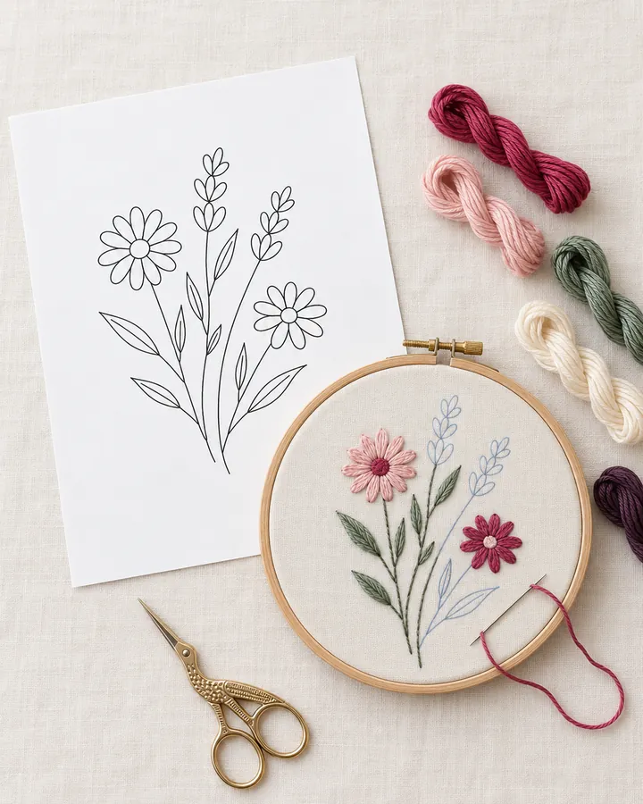 Folha com um risco floral impressa ao lado de um bastidor com o mesmo desenho sendo bordado em rosa e verde