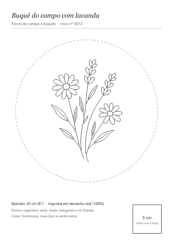 Exemplo de página do PDF: o risco do buquê dentro do círculo do bastidor, com pontos e cores sugeridos e o quadrado de 5 cm